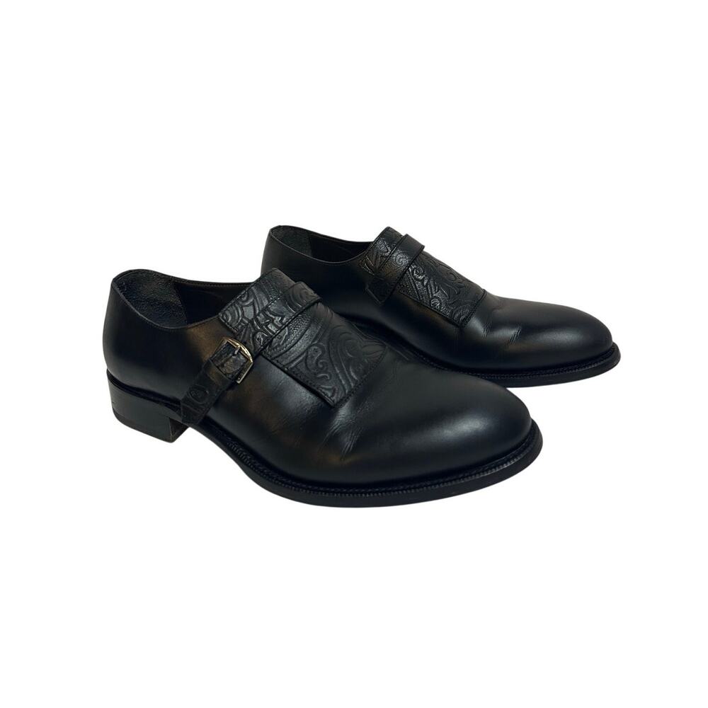 Etro Monk Strap Glossed Black Leather Shoes IT 44 US 11 Loafers Buckle Paisley
